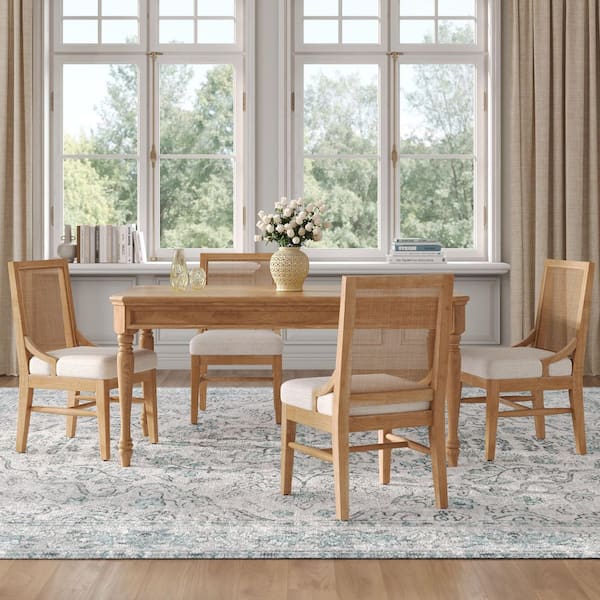 Wolf Beige+Natural Fabric Upholstered Dining Chairs with Natural Cane Back, Rubber Wood Legs (Set of 4)
