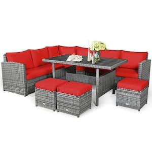 7-Piece Wicker Patio Conversation Set Outdoor Sectional Sofa Set with Red Cushions and Dining Table