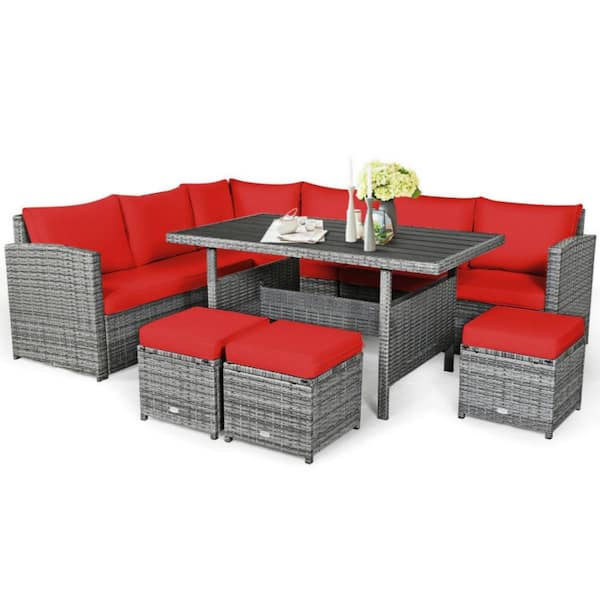 Clihome 7-Piece Wicker Patio Conversation Set Outdoor Sectional Sofa Set with Red Cushions and Dining Table