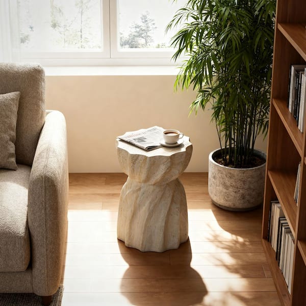 13.78 in. Modern Marble Round Magnesium Oxide End Table with Bouquet-Shaped Pleated Design