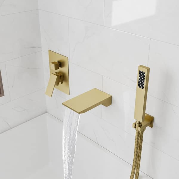 Rainspire Double Handles 2-Spray Wall Mount Roman Tub Faucet with Hand Shower 1.8 GPM in Brushed Gold (Valve Included)