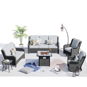 Janus Gray 6-Piece Wicker Patio Fire Pit Conversation Seating Set with Gray Cushions