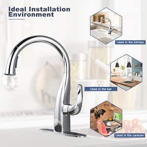 Single Handle Pull Down Sprayer Kitchen Faucet with Vintage Gooseneck and Soap Dispenser in Polished Chrome