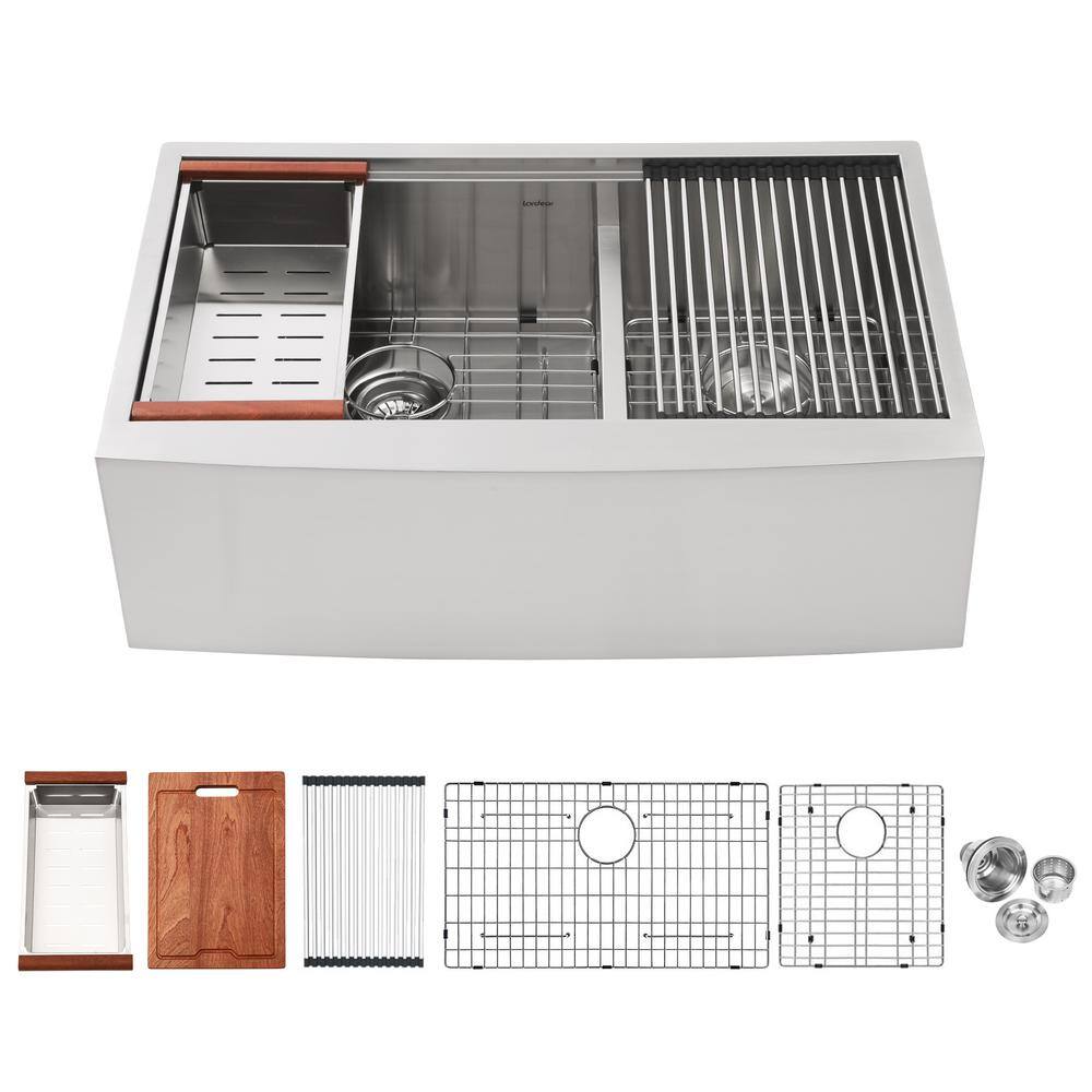 Zeek 33 Inch Farmhouse Gunmetal Black Double Bowl Stainless Steel Apron Front Kitchen Sink Workstation With Accessories 60/40 Bowl 16 Gauge Zeek 33 Inch Farmhouse Gunmetal Black Double Bowl Stainless Steel Apron Front Kitchen Sink Workstation With Accessories 60/40 Bowl 16 Gauge