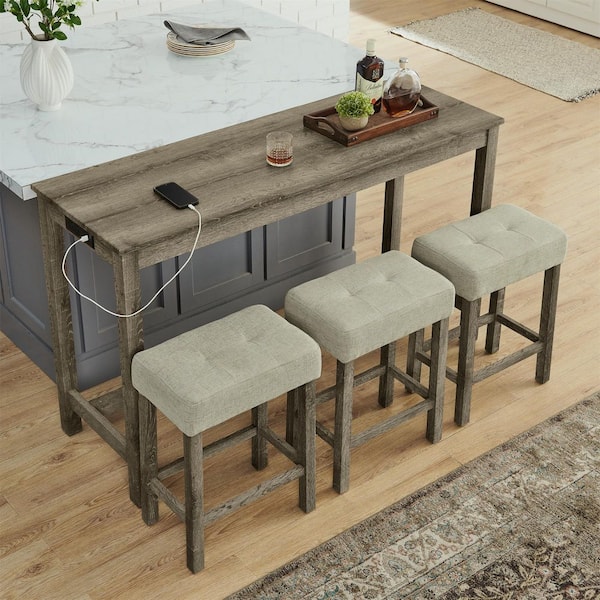 35.5 in. H Brown Rectangle Bar Table Set with 3 Upholstered Stools, Power Outlet and USB Ports(Set of 4)