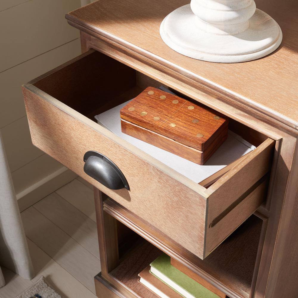Beige Pine Transitional Rectangular Side Table with Storage