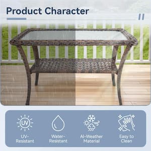 Brown Rectangle Wicker Outdoor Coffee Table with Tempered Glass Top