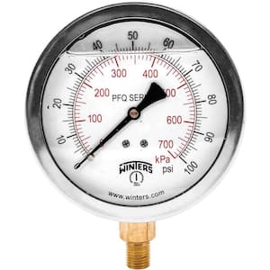 4 in. Stainless Steel Liquid Filled Case Pressure Gauge with 1/4 in. NPT Bottom Connection and Range of 0-100 psi/kPa