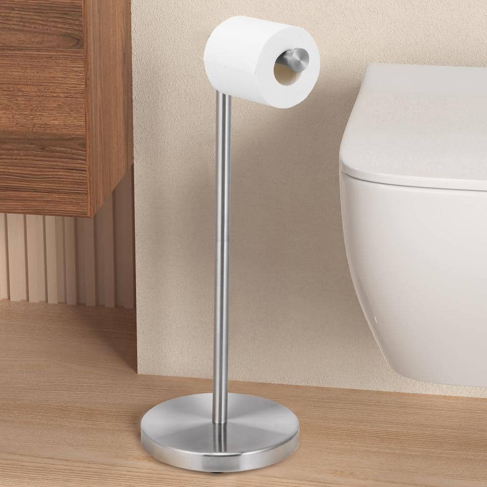 Brushed Steel Freestanding Toilet Paper Holder with Heavy Base