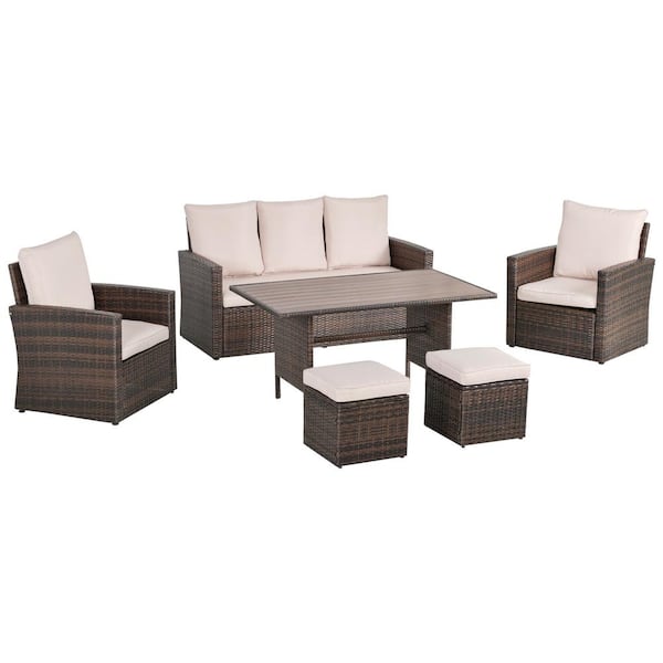 Outsunny 6-Piece Wicker Outdoor Dining Set with Beige Cushions and Weather-Resistant Steel Frame