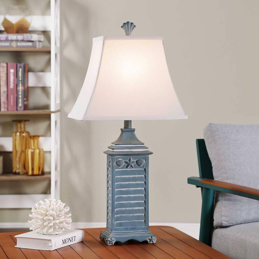 Longboat Key Shutter 28 in. Stormy Deep Blue Traditional Table Lamp for Living Room with White Linen Shade price history on PriceWatchPro