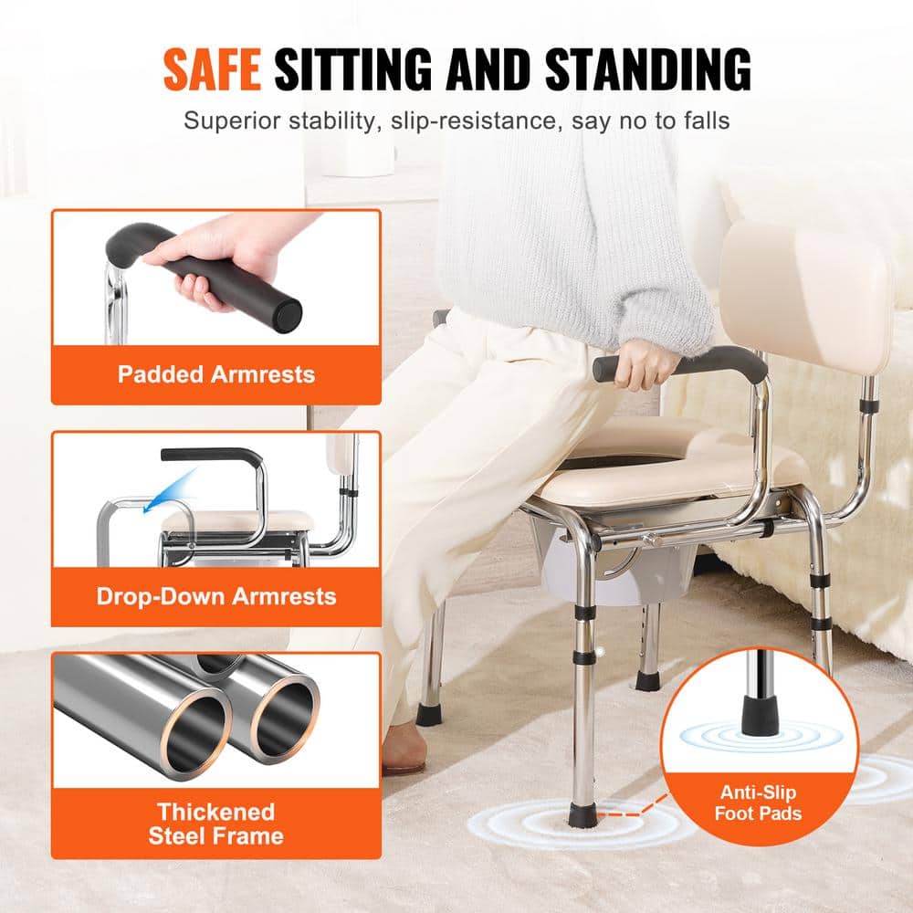 Adjustable Height White Steel Bedside Commode Chair