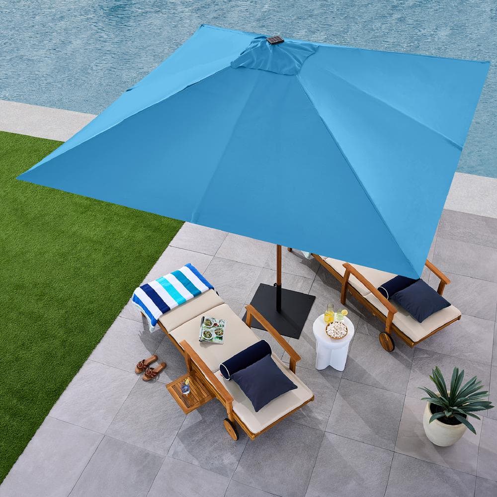 9ft Sky Blue Solar LED Lighted Patio Umbrella with Faux Wood Texture