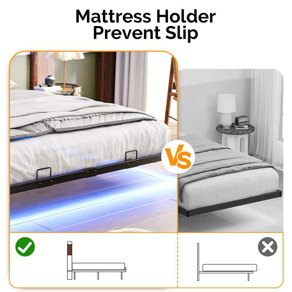 Multi-Colored Metal Frame King Size Platform Bed Floating Bed with LED Light and Charging Station Upholstered Headboard - thumbnail 7