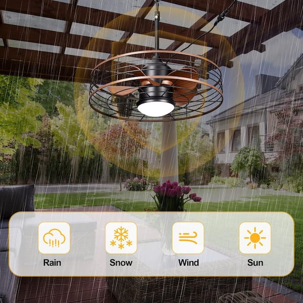 23.6 in. Smart Outdoor Matte Black Industrial Caged Ceiling Fan with LED Light