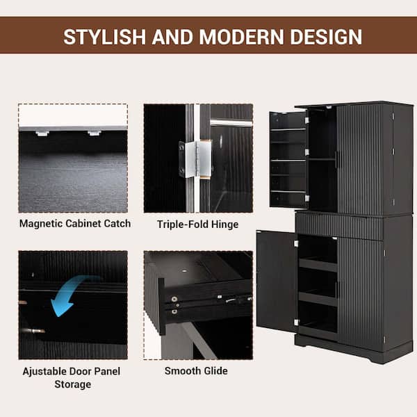 Bezeit 72 in. Tall Black Wood Kitchen Pantry Cabinet with 3
