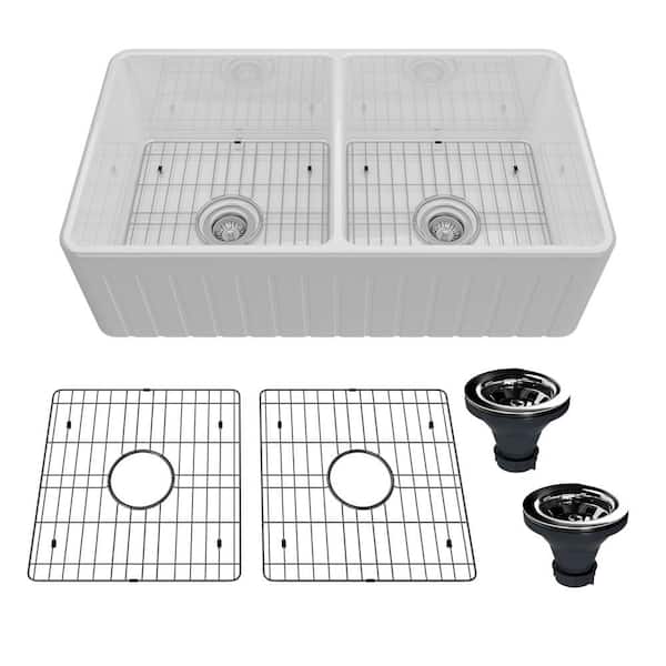 33 in. Farmhouse/Apron-Front Double Bowl Glossy White Fireclay Kitchen Sink with Bottom Grid and Strainer Drain
