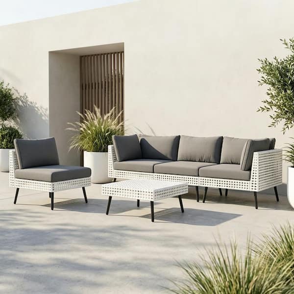 White 5-Piece Wicker Patio Conversation Set with Gray Cushions and Ottoman