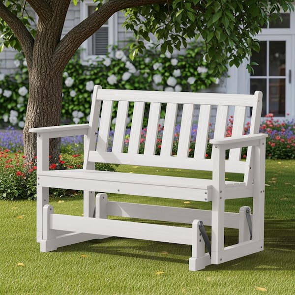 JEAREY HDPE White Outdoor Bench, 2 Person Plastic Glider Rocking