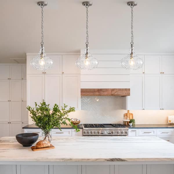 Luckyday 1-Light 11 in.W Brushed Nickel Modern Oval Pendant Light Kitchen Island Hanging Light with Hammered Water Glass