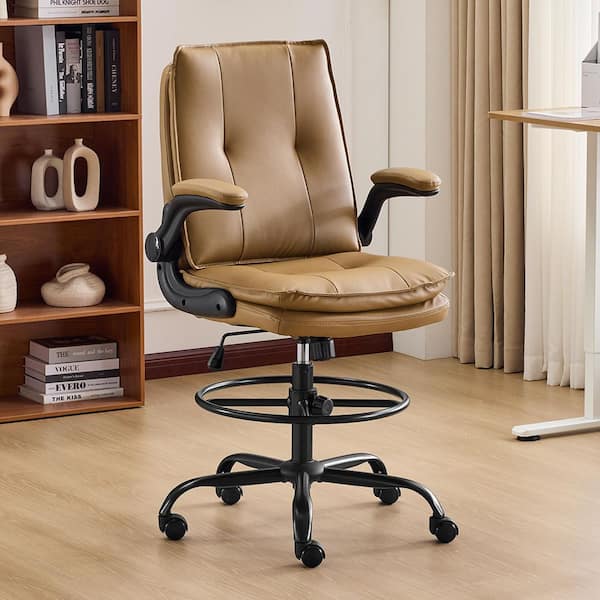 PU Fabric Tall Office Chair Drafting Chair in Khaki with Adjustable Arms