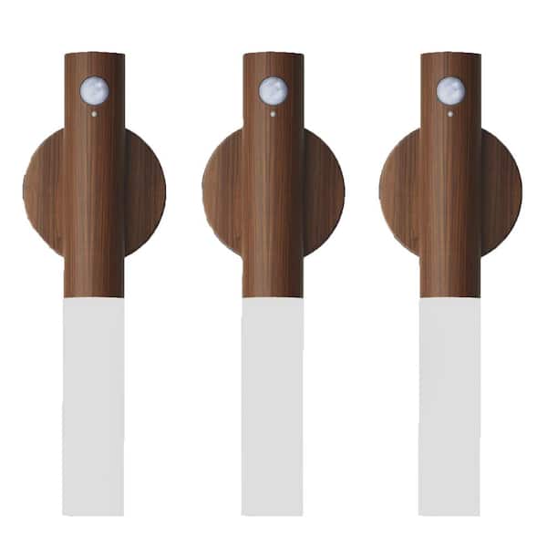 EKIEUDL Versatile Lighting Rechargeable 1-Light Wooden Brown LED Wall Sconce with Motion Sensor in Cool White 3-Pack