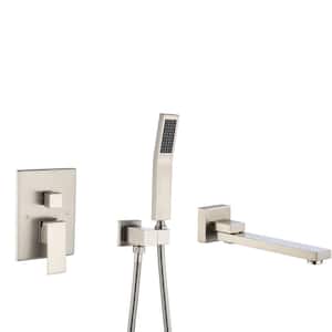Single Handle 2-Spray 1.8 GPM Waterfall Wall Mounted Bathtub Swivel Tub Filler Faucet with Hand Shower in Brushed Nickel