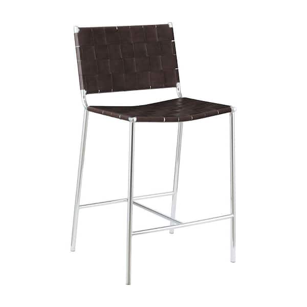 Benjara 24 in. Brown and Chrome Low Back Metal Frame Counter stool with Faux Leather Seat