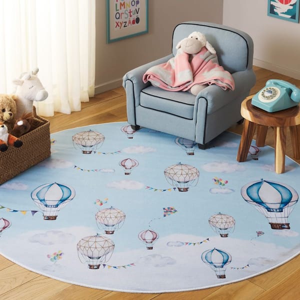 Tacoma Kids 5 ft. x 5 ft. Ivory/Blue Hot Air Balloons Round Area Rug