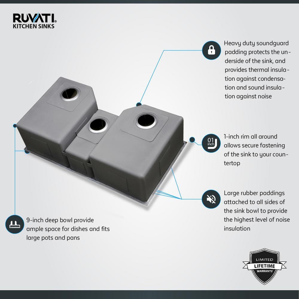 Ruvati 35" Triple Bowl Satin Stainless Steel Undermount Kitchen Sink
