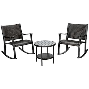 3-Piece Wicker Rattan Patio Conversation Set with Coffee Table and Rocking Chairs