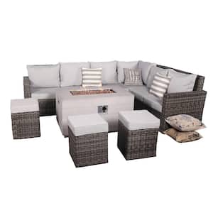 Fort 8-Pieces Rock and Fiberglass Fire Pit Table Conversation Set with Gray Cushions