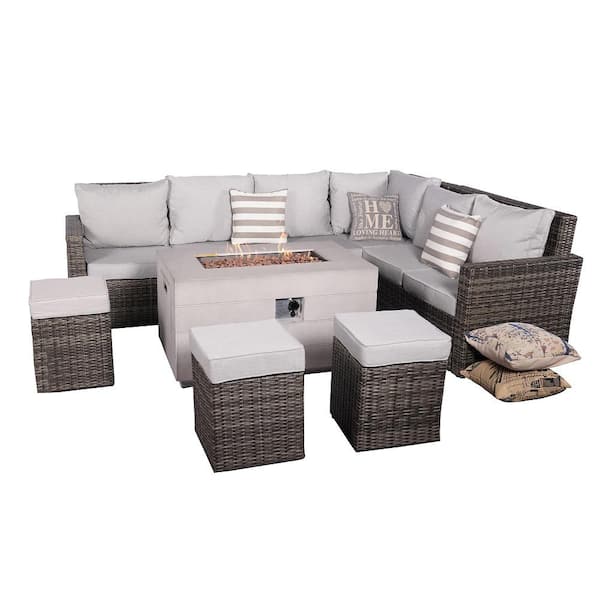 moda furnishings Fort 8-Pieces Rock and Fiberglass Fire Pit Table Conversation Set with Gray Cushions