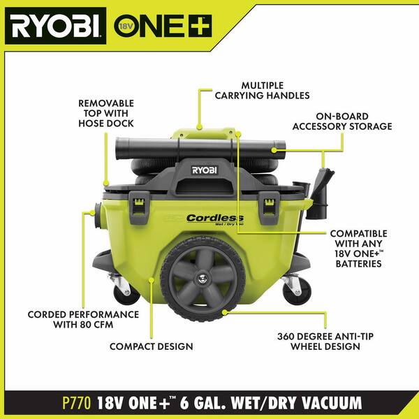 Wet Dry Vacuum 6 Gal Cordless Bare Tool 18 Volt Cartridge Filter Compact 80 CFM 
