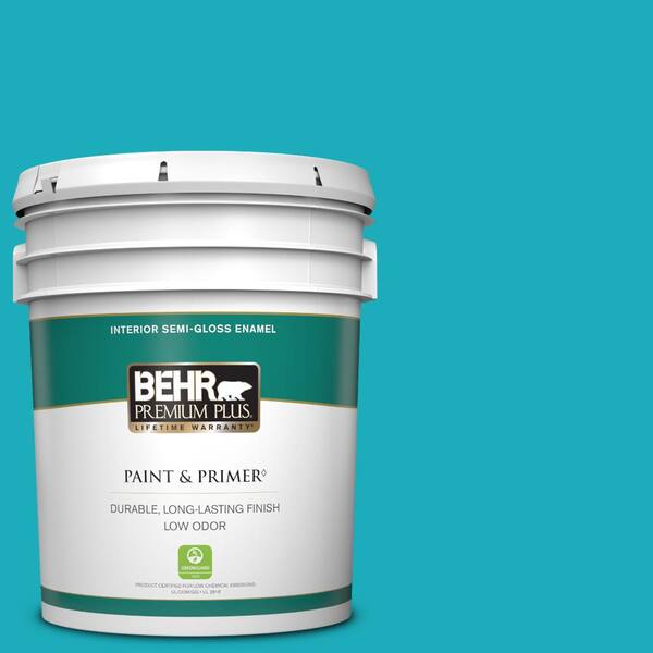 BEHR PREMIUM PLUS 5 gal. #P470-5 Placid Sea Semi-Gloss Enamel Low Odor Interior Paint & Primer