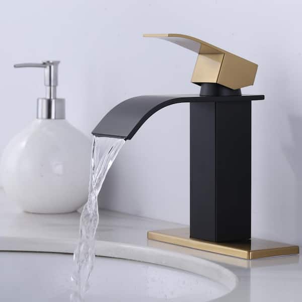 4 in. Centerset Single Handle High Arc Waterfall Bathroom Faucet with Pop Up Drain and Supply Lines in Black and Gold