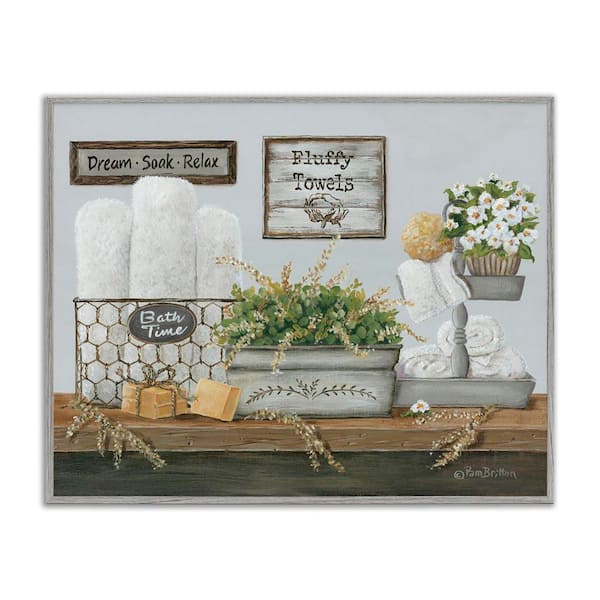 Washroom Counter Still Life Bathroom Towel by Pam Britton Gray Framed Giclee Art Print Typography 16 in. x 20 in.