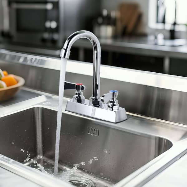 Double Handle Centerset Deck Mounted Standard Kitchen Faucet Goose Neck Spout in 360° Swivel Spout Polished Chrome