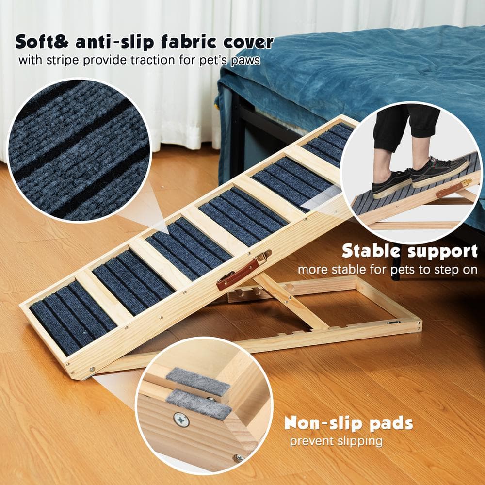 Adjustable Natural Pinewood Folding Pet Ramp with Gray Carpet