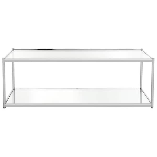 SAFAVIEH Zola 52 in. Chrome/Clear Large Rectangle Glass Coffee Table with Shelf