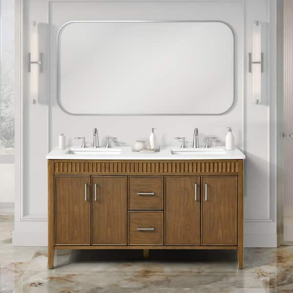 Juliette 60 in. Double Sink Freestanding Warm Walnut Bath Vanity with White Quartz Top and Brushed Nickel Hardware