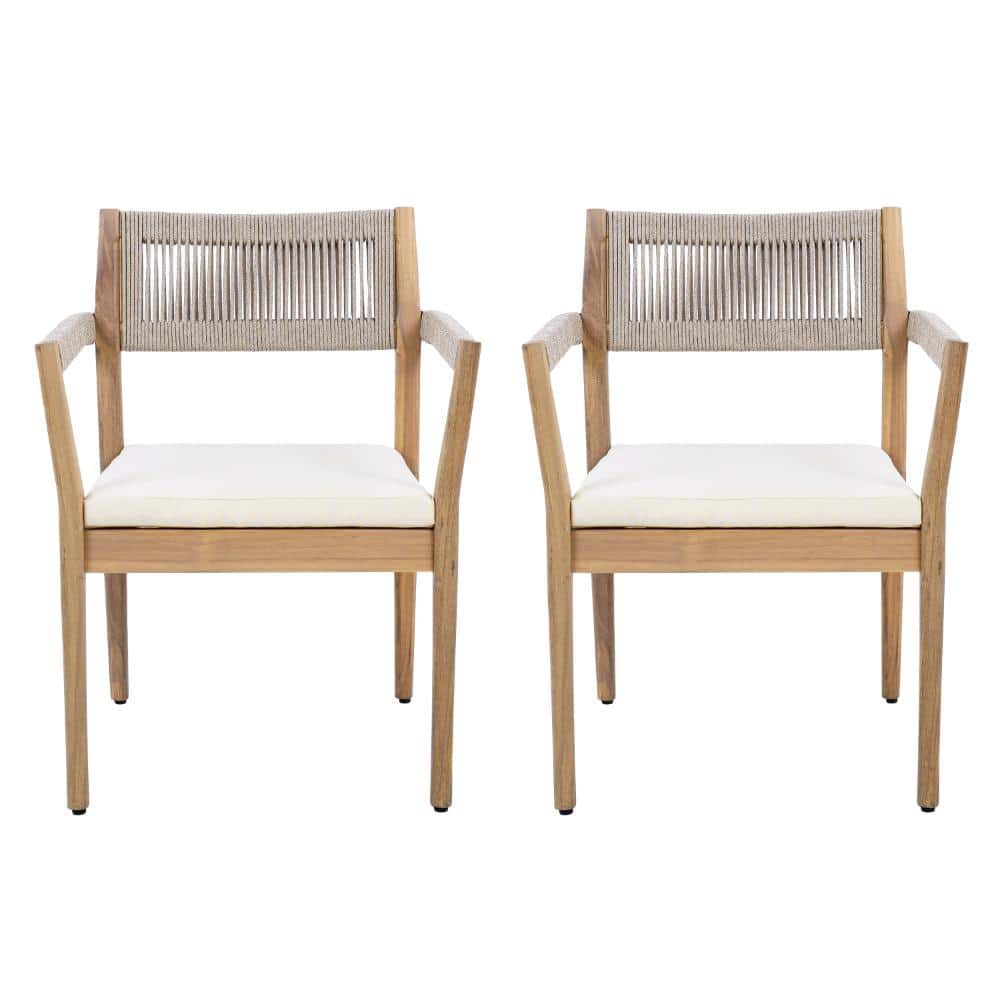 Set of 2 Braided Acacia Wood Outdoor Dining Chairs with Beige Rope & Cream Cushions Armrests(Durable & Stylish) price history on PriceWatchPro