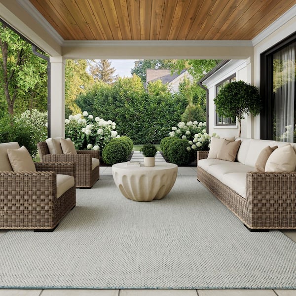 Courtyard Ivory Aqua 8 ft. x 10 ft. Geometric Contemporary Indoor/Outdoor Patio Area Rug