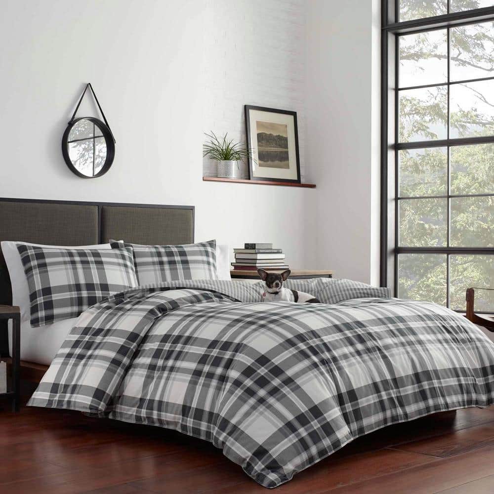 Full White Cotton Reversible Plaid Comforter Set