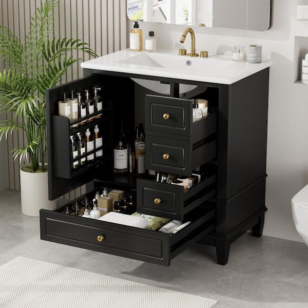 30 in. Freestanding Black Bath Vanity with White Ceramic Top Sink and Shelf, Three Drawers