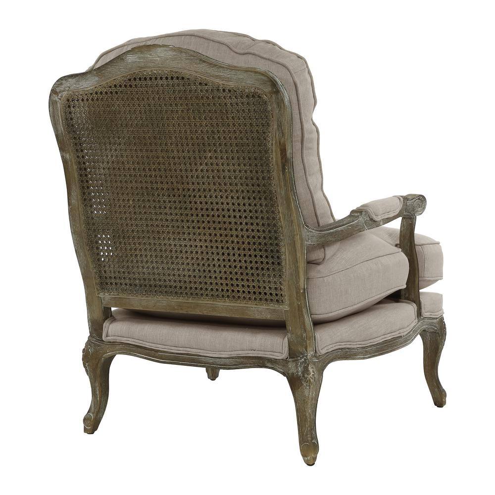 Natural Linen and Wood Accent Chair with Carved Details