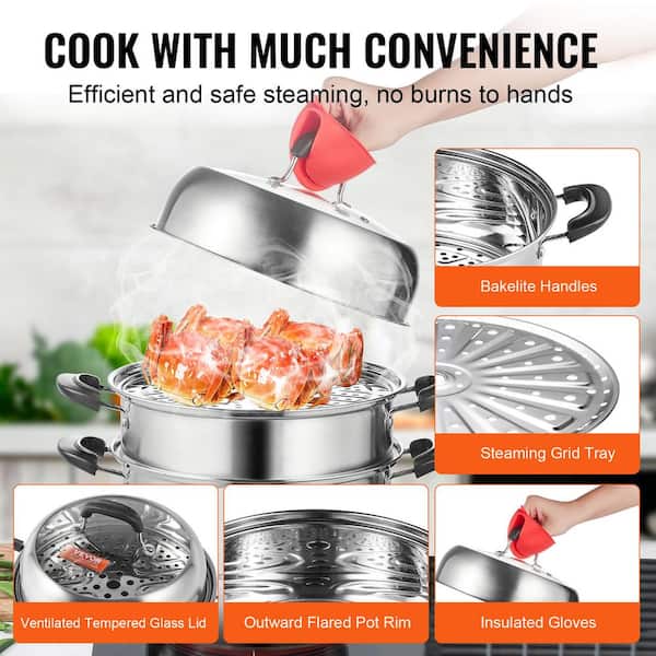 VEVOR Steamer Pot 11 in. 3 Tier Steamer Pot with 8.5 qt. Stock Pot  Stainless Steel Vegetable Steamer and 2 Steaming Tray SCZG28CM0000NDJSGV0 -  The Home Depot