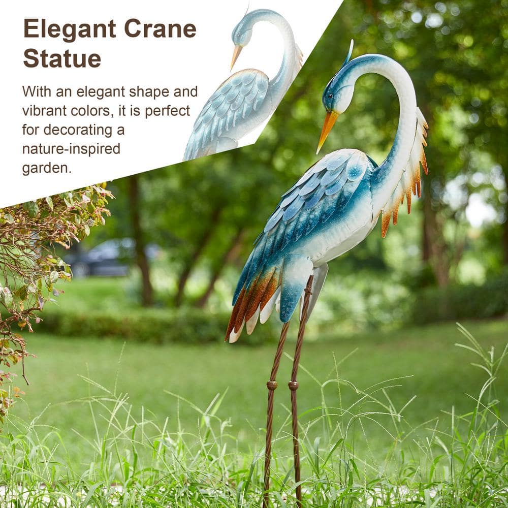 38.5" Blue and Brown Metal Crane Garden Statue