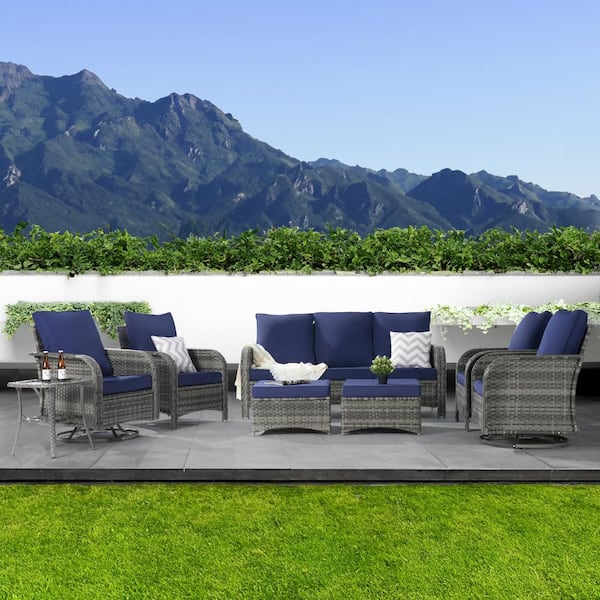 8-Piece Patio Furniture Outdoor Sofa Set with High Back Swivel Rocking Chairs and Ottomans, Navy Blue