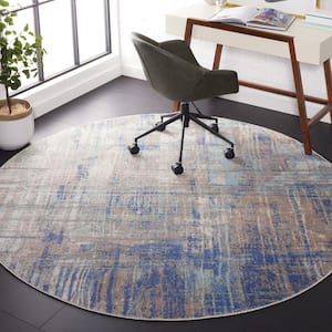 Skyler Collection Gray Beige/Blue 7 ft. x 7 ft. Abstract Stiped Round Area Rug